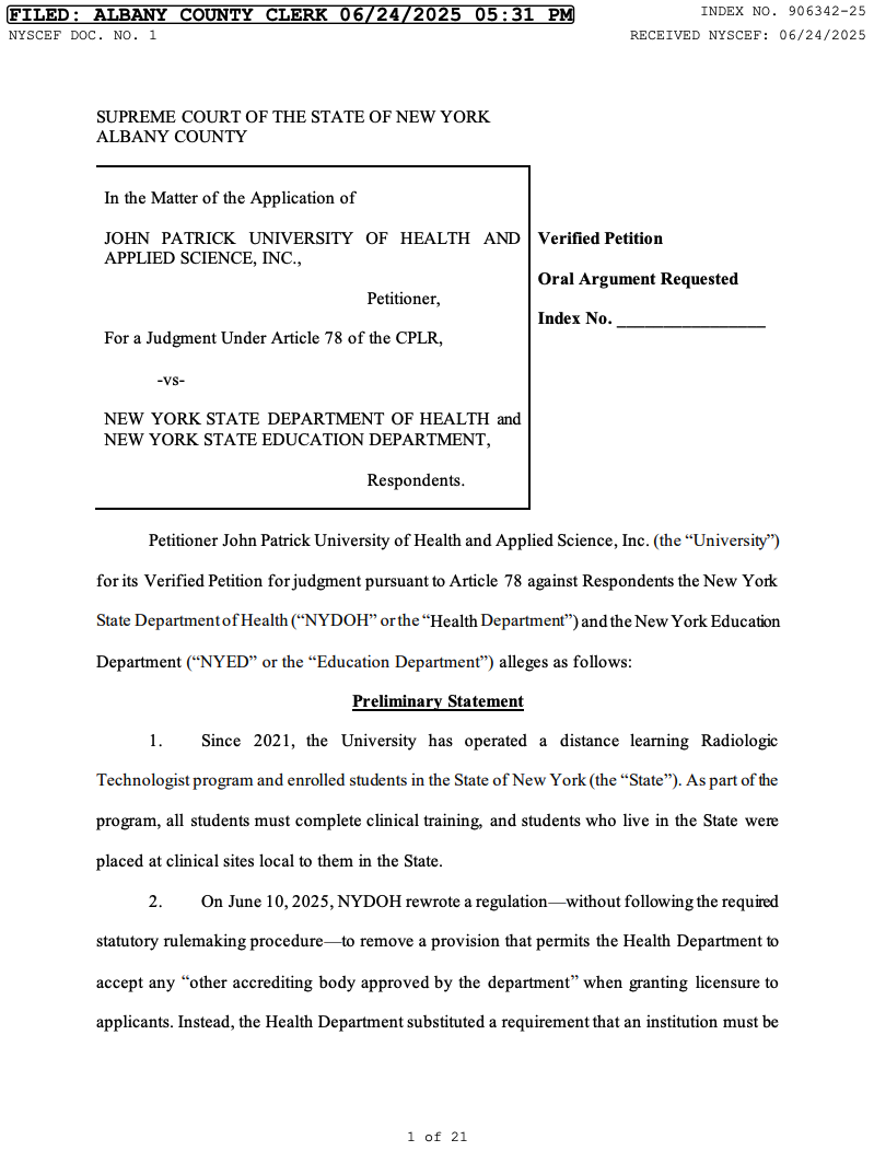 First page of John Patrick University vs New York Department of Health lawsuit